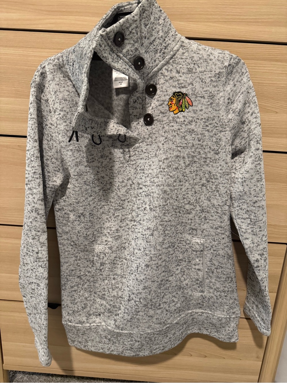 Gray Marled Button-Neck Sweater with blackhawks logo